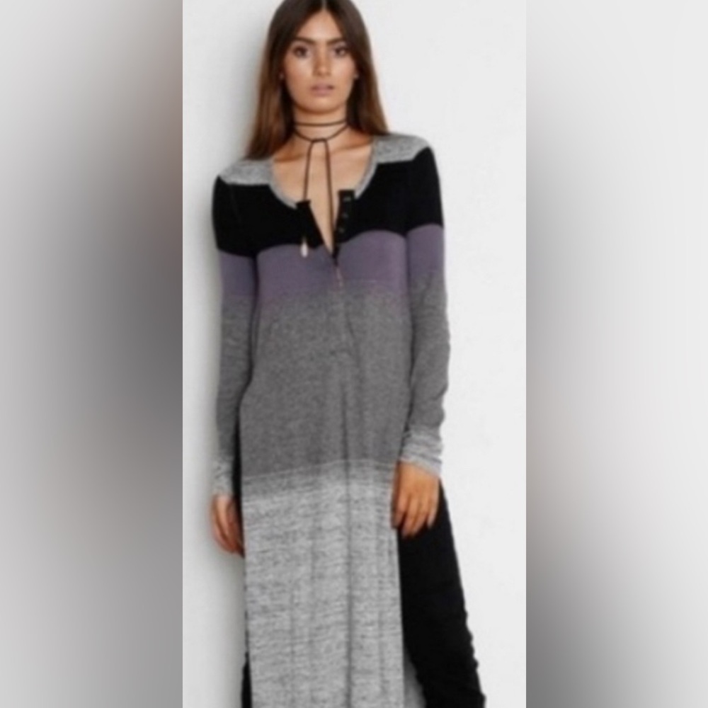 FREE PEOPLE LORETTA HENLEY HIPSTER MAXI DRESS Gray Color block Stripe Knit Sz XS